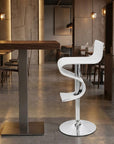 White And Silver Faux Leather And Metal Low Back Adjustable Height Bar Chair