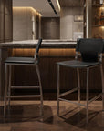 Set of Two 29" Black And Silver Faux Leather And Metal Low Back Bar Height Bar Chairs