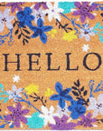 24" X 36" Natural Blue and Purple Coir Floral Hello Outdoor Door Mat