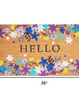 24" X 36" Natural Blue and Purple Coir Floral Hello Outdoor Door Mat