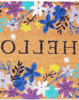 24" X 36" Natural Blue and Purple Coir Floral Hello Outdoor Door Mat