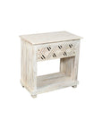 28" White Solid Wood Distressed Carved Geometric One Drawer Nightstand