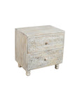 24" Natural And White Solid Wood Carved Scrollwork Two Drawer Nightstand