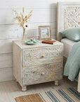 24" Natural And White Solid Wood Carved Scrollwork Two Drawer Nightstand