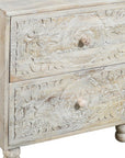 24" Natural And White Solid Wood Carved Scrollwork Two Drawer Nightstand