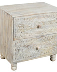 24" Natural And White Solid Wood Carved Scrollwork Two Drawer Nightstand