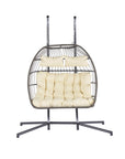 38" Beige And Gray Faux Rattan Iron Outdoor Folding Egg Chair with Beige Cushion