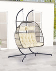 38" Beige And Gray Faux Rattan Iron Outdoor Folding Egg Chair with Beige Cushion