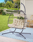 38" Beige And Gray Faux Rattan Iron Outdoor Folding Egg Chair with Beige Cushion