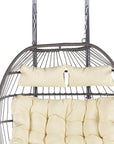 38" Beige And Gray Faux Rattan Iron Outdoor Folding Egg Chair with Beige Cushion