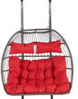 38" Gray And Red Faux Rattan Iron Outdoor Folding Egg Chair with Red Cushion