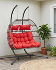 38" Gray And Red Faux Rattan Iron Outdoor Folding Egg Chair with Red Cushion