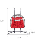 38" Gray And Red Faux Rattan Iron Outdoor Folding Egg Chair with Red Cushion