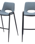 Set of Two 30" Blue And Black Faux Leather And Fabric And Steel Low Back Bar Height Bar Chairs
