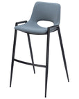 Set of Two 30" Blue And Black Faux Leather And Fabric And Steel Low Back Bar Height Bar Chairs