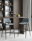 Set of Two 30" Blue And Black Faux Leather And Fabric And Steel Low Back Bar Height Bar Chairs