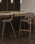 Set of Two 30" Brown Faux Leather And Fabric And Steel Low Back Bar Height Bar Chairs