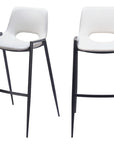 Set of Two 30" White And Black Faux Leather And Fabric And Steel Low Back Bar Height Bar Chairs