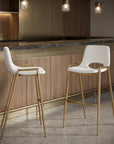 Set of Two 30" Beige And Gold Faux Leather And Fabric And Steel Low Back Bar Height Bar Chairs
