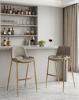 Set of Two 30" Beige And Gold Faux Leather And Fabric And Steel Low Back Bar Height Bar Chairs