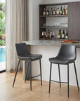 Set of Two 30" Dark Gray And Black Faux Leather And Fabric And Steel Bar Height Bar Chairs
