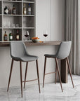 Set of Two 30" Slate Gray And Brown Faux Leather And Fabric And Steel Bar Height Bar Chairs