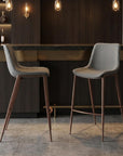 Set of Two 30" Slate Gray And Brown Faux Leather And Fabric And Steel Bar Height Bar Chairs