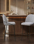 Set of Two 30" Light Gray And Black Shearling And Fabric And Steel Bar Height Bar Chairs