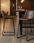 Set of Two 29" Espresso And Black Faux Leather And Steel Counter Height Bar Chairs
