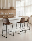 Set of Two 29" Espresso And Black Faux Leather And Steel Counter Height Bar Chairs