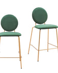 Set of Two 26" Green And Gold Velvet And Steel Counter Height Bar Chairs