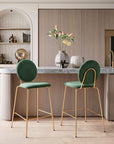 Set of Two 26" Green And Gold Velvet And Steel Counter Height Bar Chairs