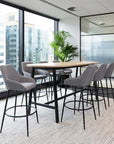 Set of Two 30" Gray And Black Fabric And Steel Bar Height Bar Chairs