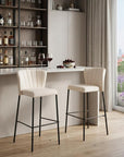 Set of Two 29" Cream And Black Faux Leather And Fabric And Steel Bar Height Bar Chairs