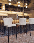 Set of Two 29" Cream And Black Faux Leather And Fabric And Steel Bar Height Bar Chairs