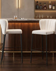Set of Two 29" Cream And Black Faux Leather And Fabric And Steel Bar Height Bar Chairs
