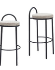 Set of Two 30" Beige And Black Chenille And Steel Low Back Bar Height Bar Chairs