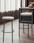Set of Two 30" Beige And Black Chenille And Steel Low Back Bar Height Bar Chairs