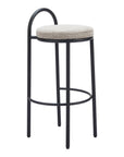 Set of Two 30" Beige And Black Chenille And Steel Low Back Bar Height Bar Chairs