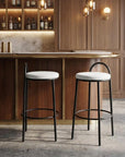 Set of Two 30" Beige And Black Chenille And Steel Low Back Bar Height Bar Chairs
