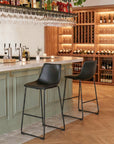Set of Two 29" Black Faux Leather And Steel Counter Height Bar Chairs
