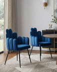 Set of Two Navy Blue And Black Tufted Velvet And Steel Dining Arm Chairs