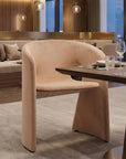 Tan And Beige Fabric And Steel Partially Open Back Dining Arm Chair