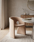 Tan And Beige Fabric And Steel Partially Open Back Dining Arm Chair