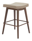 Set of Two 27" Beige And Walnut Faux Leather And Steel Backless Counter Height Bar Chairs
