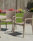 Set of Two Taupe Faux Rattan Heavy Duty Plastic Outdoor Stacking Arm Chairs