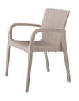 Set of Two Taupe Faux Rattan Heavy Duty Plastic Outdoor Stacking Arm Chairs