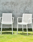 Set of Two Taupe Heavy Duty Plastic Outdoor Stacking Arm Chairs