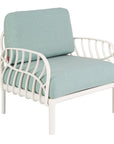 31" White Heavy Duty Plastic Outdoor Armchair With Sea Green Cushion