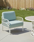 31" White Heavy Duty Plastic Outdoor Armchair With Sea Green Cushion